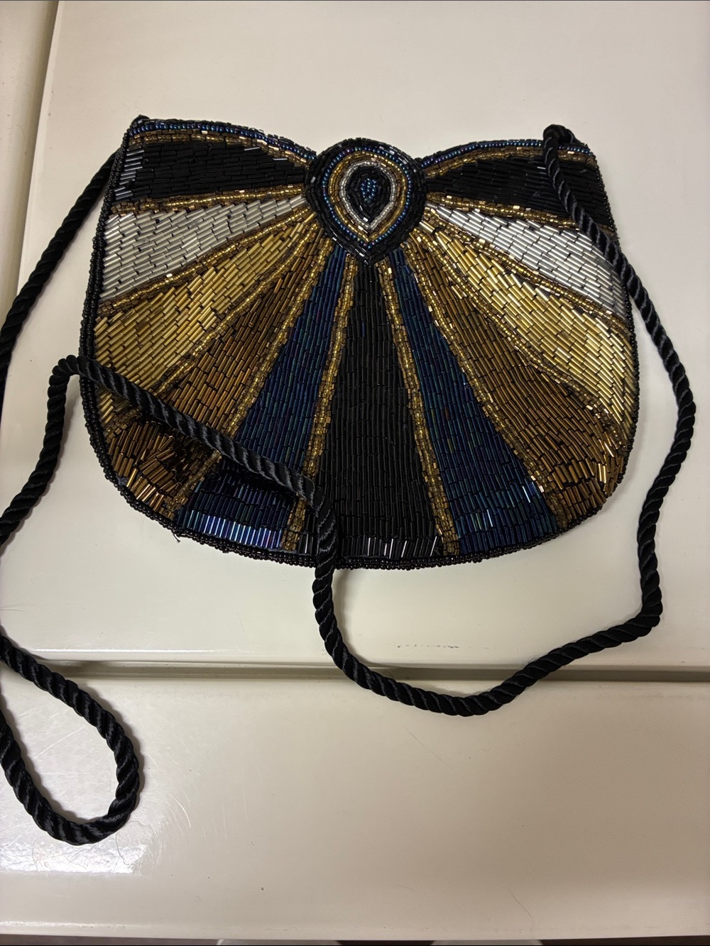Beaded Fan Detail Crossbody Bag - Black, Gold, Navy
